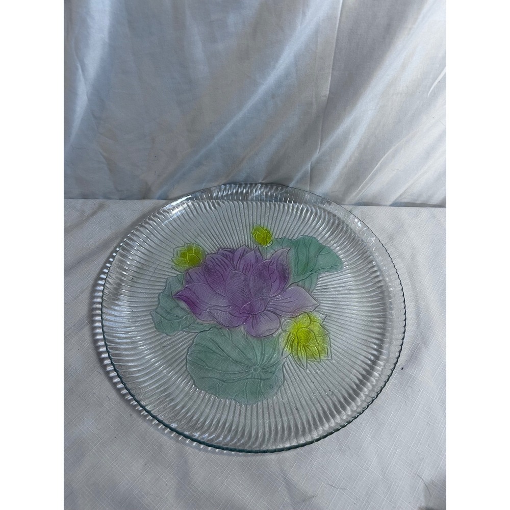 Unbranded Glass Serving Platter 12.5in Clear Purple Lotus Floral Ribbed Round